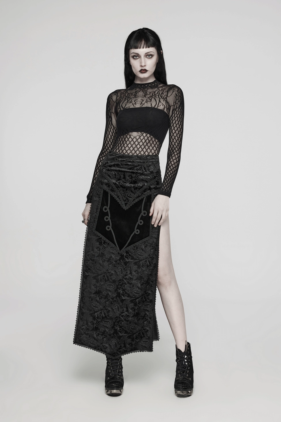 Victorian black mesh mini dress showcase displaying vine lace chest detail and form-fitting silhouette