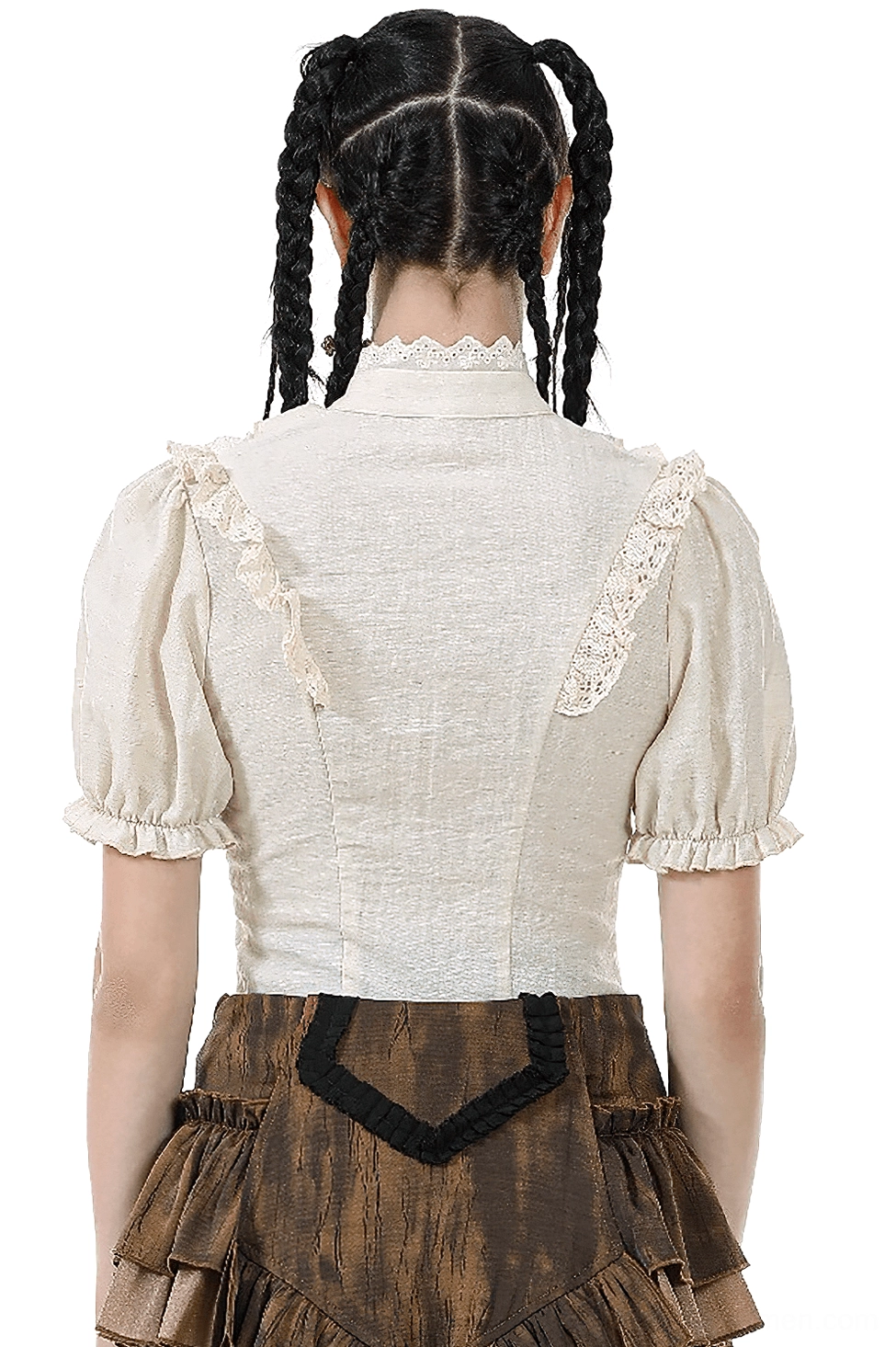 Victorian puff sleeve blouse back view showing lace shoulder trim and tailored waist on model with dark braided hair
