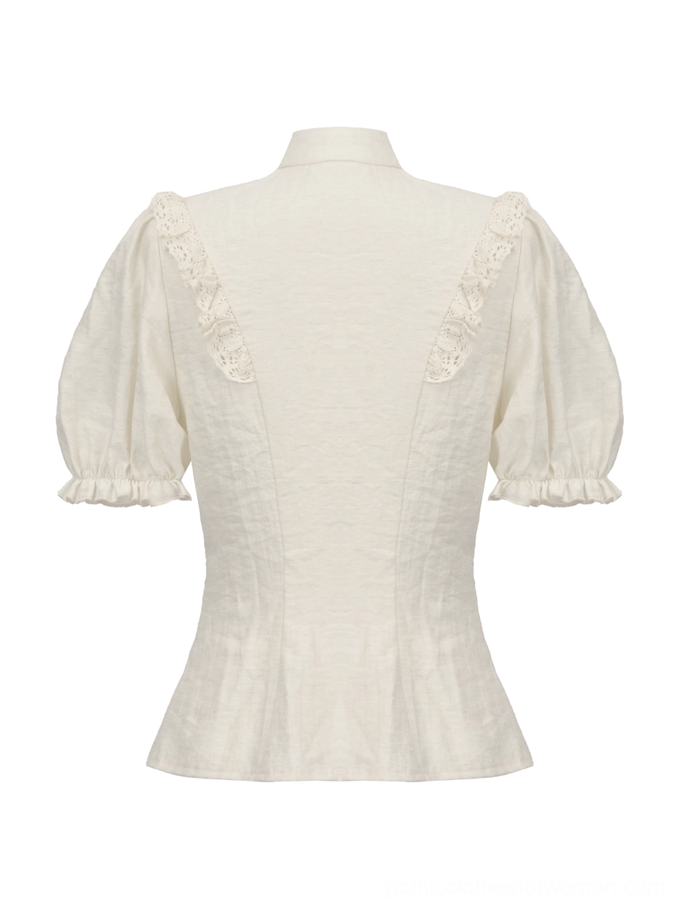 Victorian puff sleeve blouse back flat lay view showing lace shoulder yoke trim and tailored waist silhouette