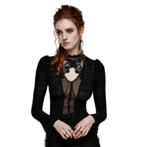 Victorian black rose lace gothic top with sheer mesh chest panel and standing collar, front view on model