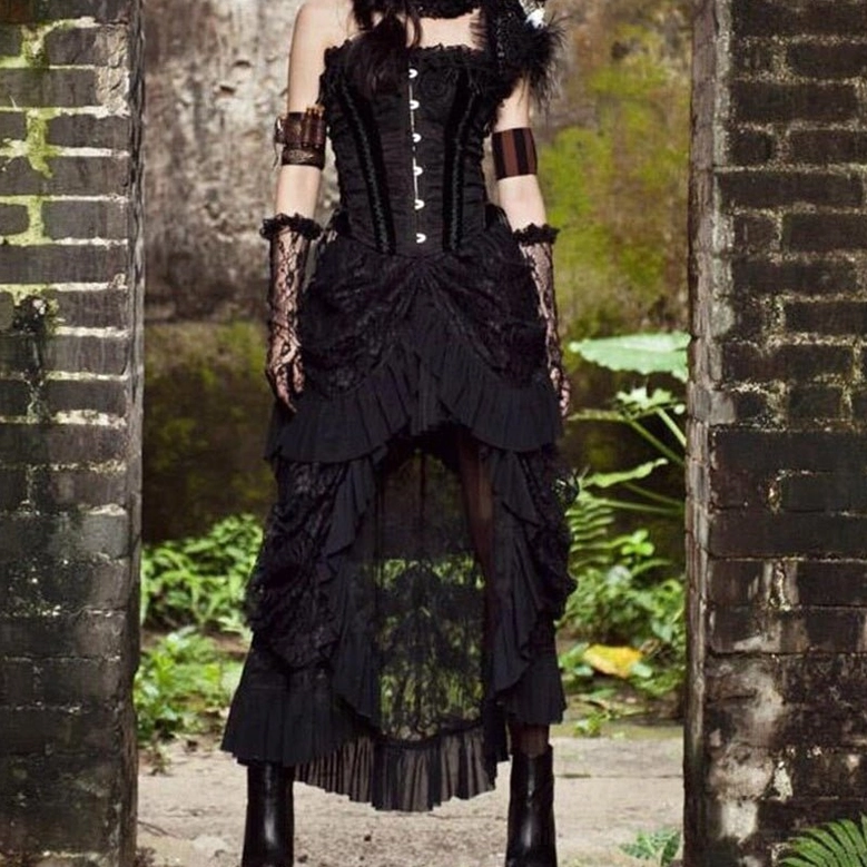Victorian steampunk skirt set off-shoulder corset arm accessories outdoor brick ruin