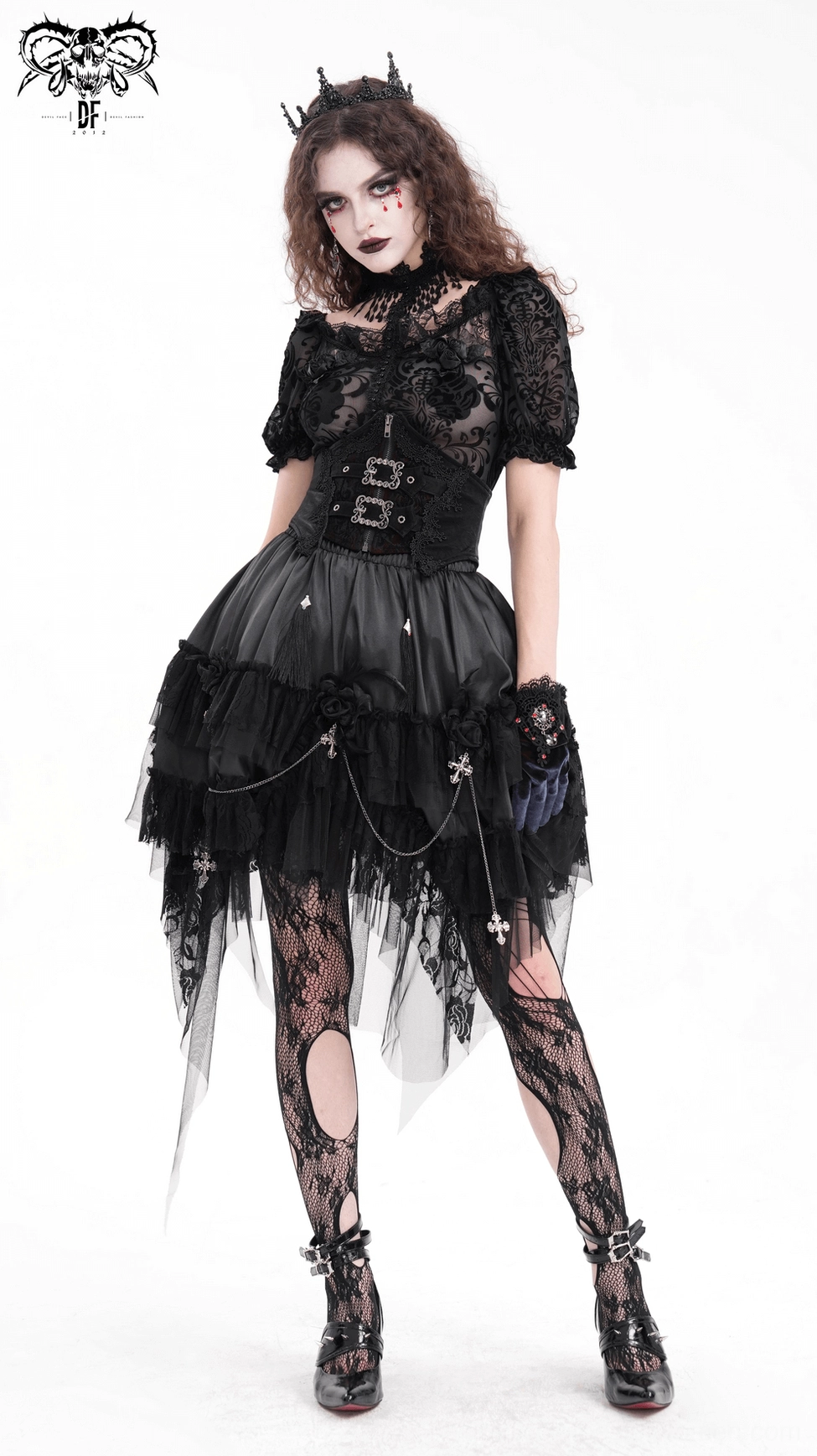 Victorian style corset belt in black lace with hanging tassels and metal accents