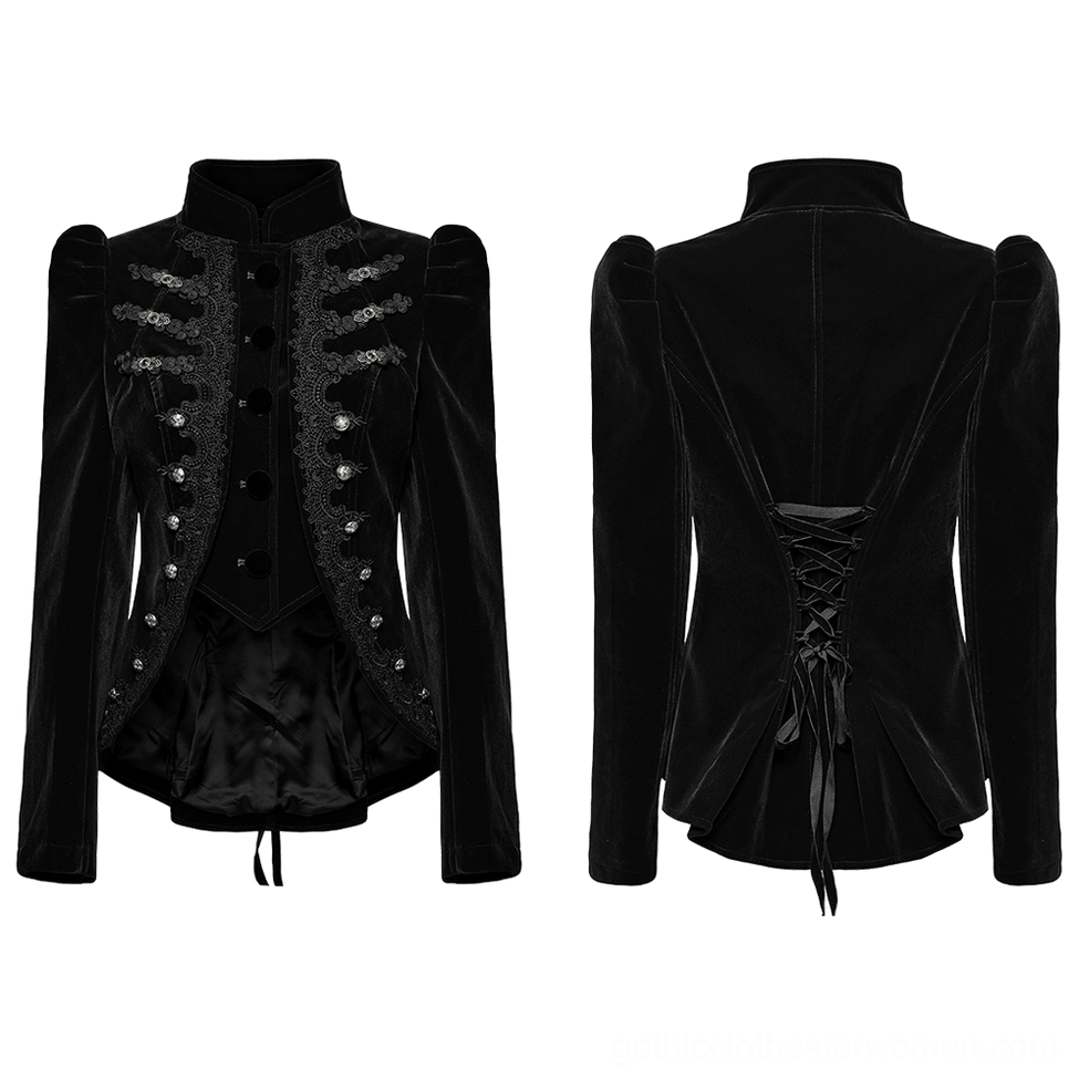 Black velvet gothic jacket flat lay front view showing ornate buttons and lace appliqué details