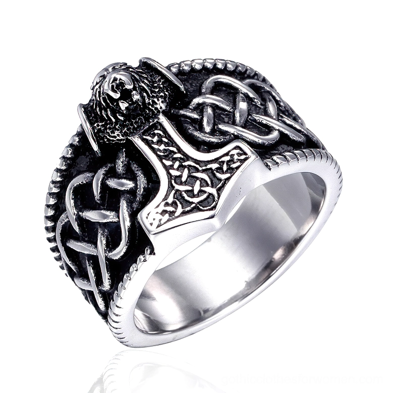 Nordic Viking Mjolnir amulet ring braided edge side angle view stainless steel