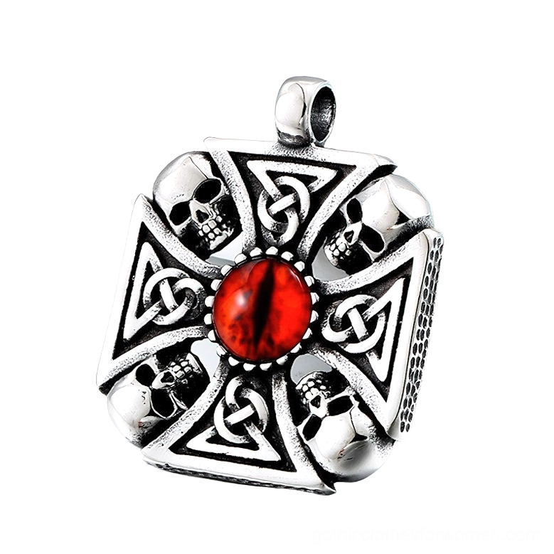 Side angle view of stainless steel gothic skull pendant showing textured edges and dimensional carving