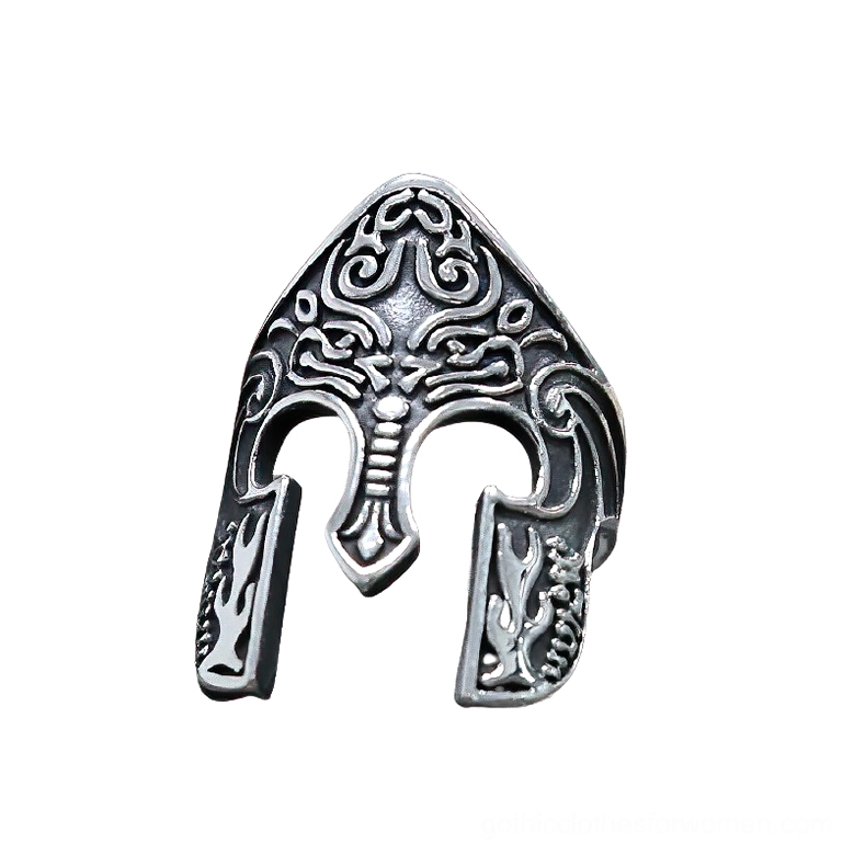 Gothic viking helmet ring oblique angle vintage silver black metal finish