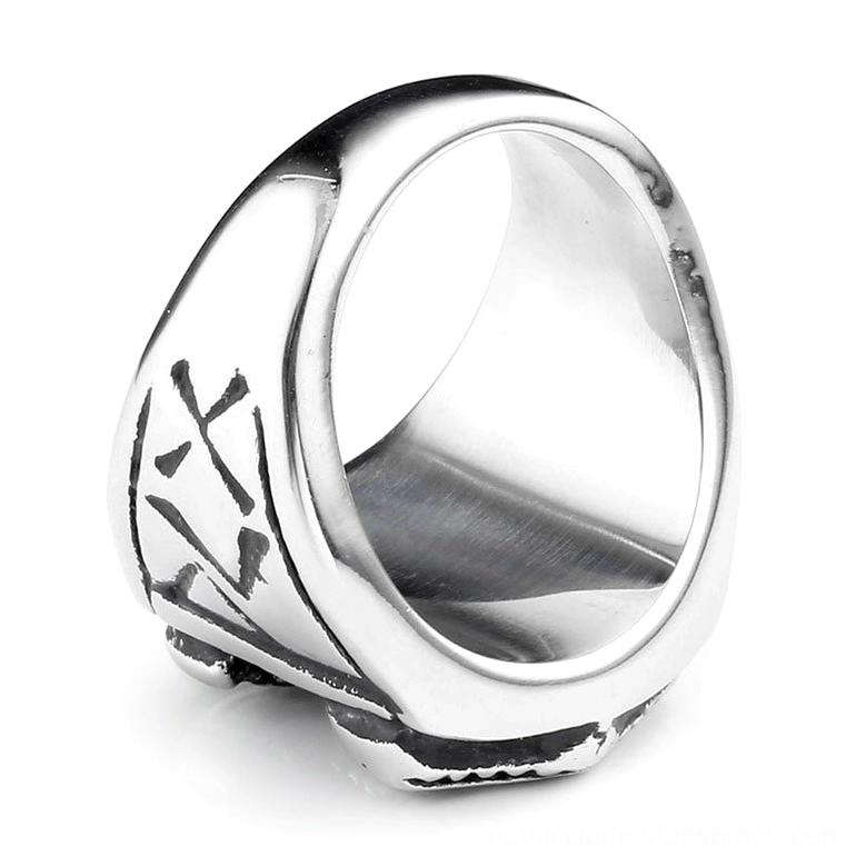 Viking rune ring band with intricate pattern details and high-polished metal finish, inner top view
