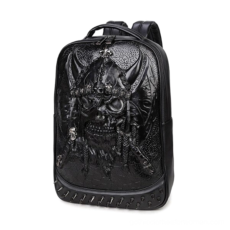 Close-up of embossed black leather viking skull with studded rivets and textured surface detail