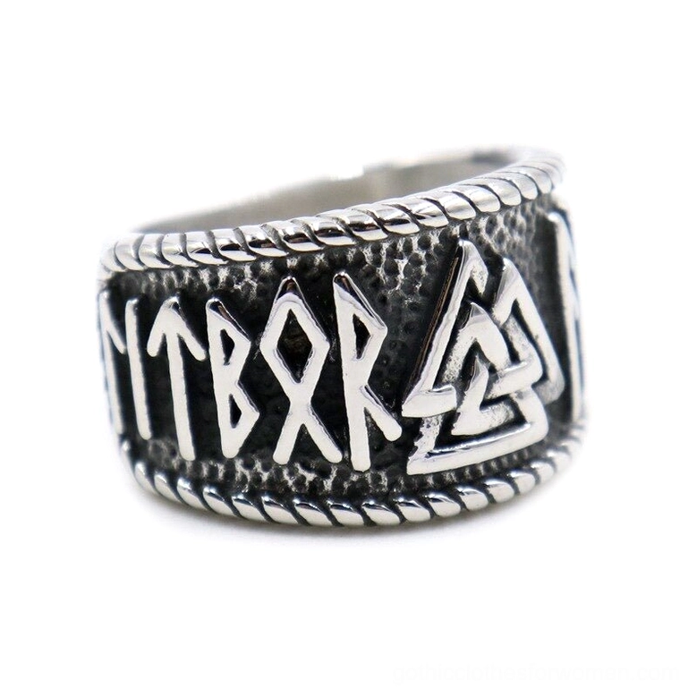 Vintage Viking Valknut stainless steel ring with twisted rope border and rune engravings, antique silver finish, left front close-up view on white background