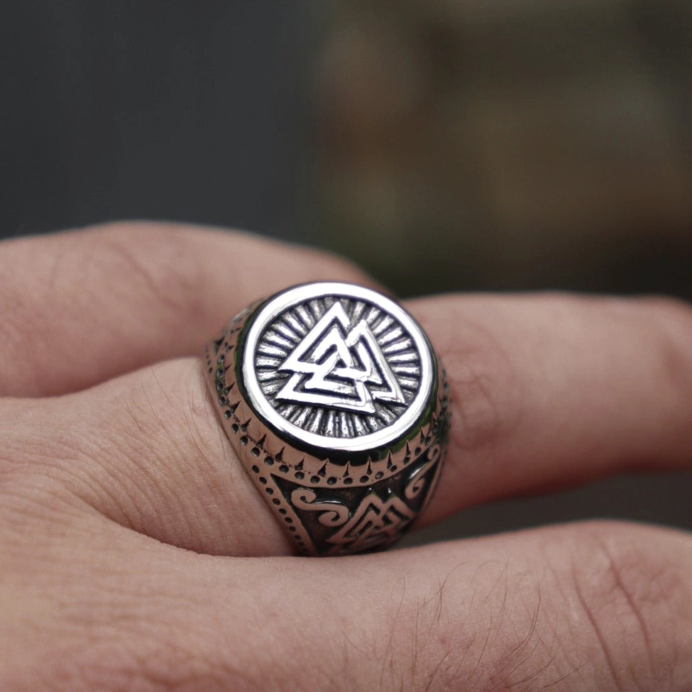 Viking valknut ring band side detail ornate engravings ancient Norse craftsmanship styling