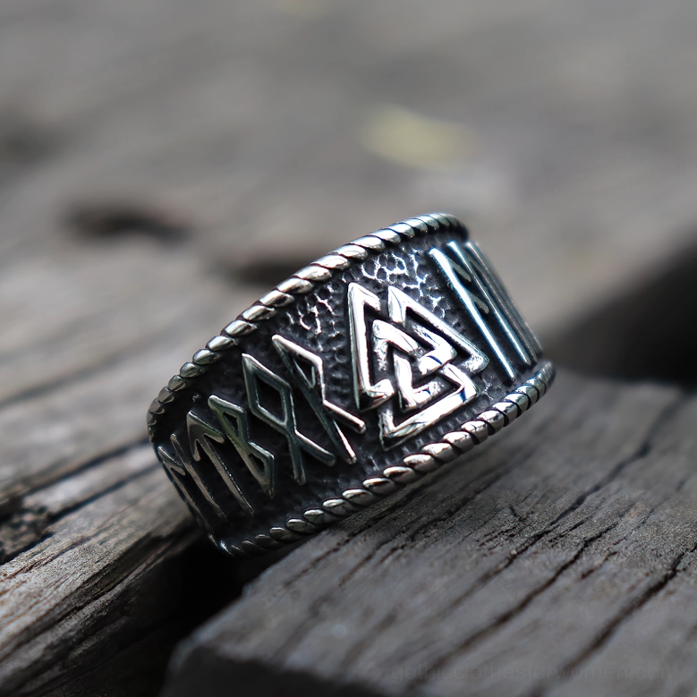 Antique silver Viking Valknut rune ring unisex gothic jewelry piece for dark fashion enthusiasts and Norse culture appreciation
