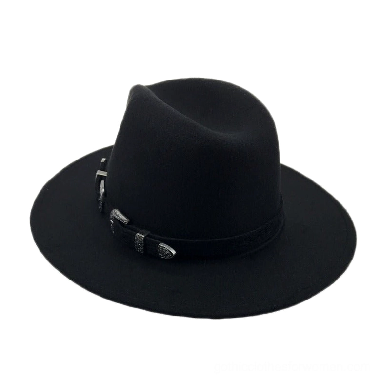 Vintage fedora hat with belt styling detail highlighting dual metal buckles and construction