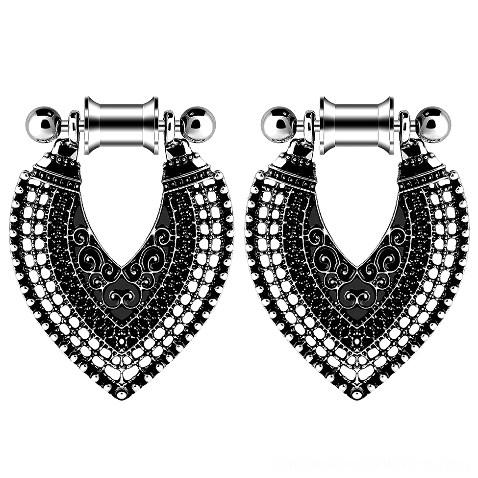 Pair of vintage gothic heart filigree ear tunnels with beaded borders in antiqued silver stainless steel, flat lay front view