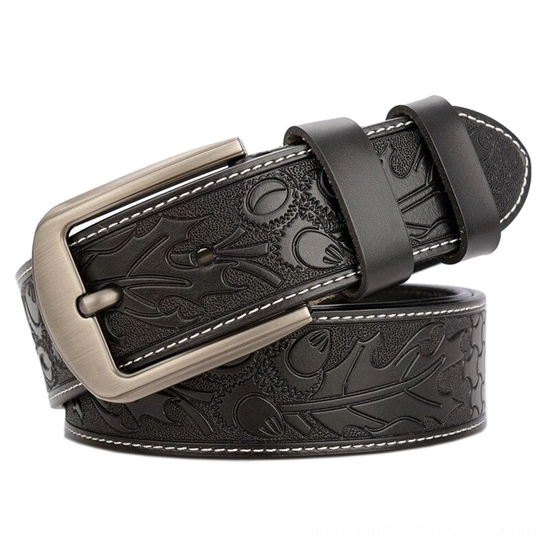 Vintage gothic leather belt showing patina development and authentic aging characteristics of quality cowskin