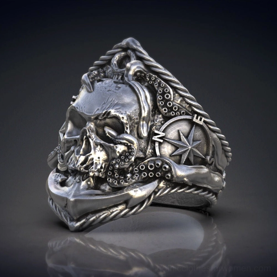 Vintage gothic skull ring with integrated compass, anchor and octopus tentacle motifs – authentic biker aesthetic