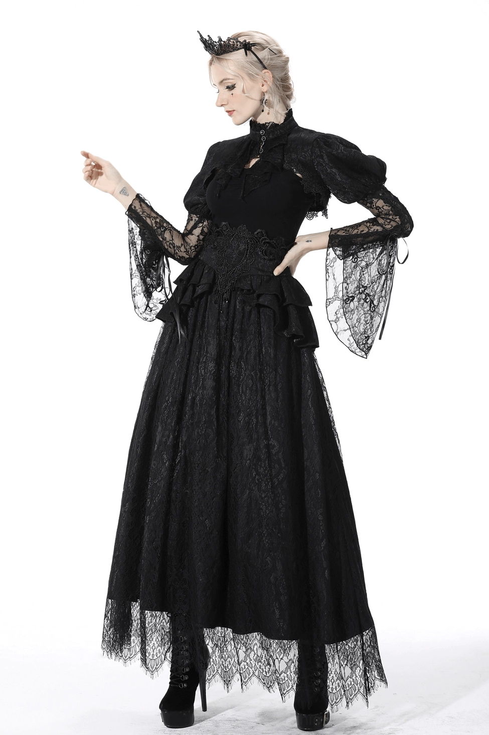 Black gothic lace layered skirt with ornate ruffles and vintage Victorian-inspired design elements