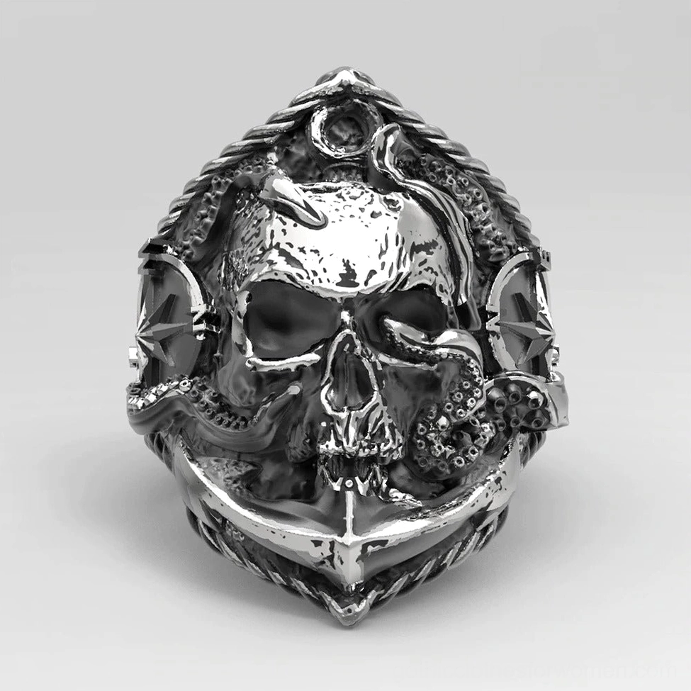 Premium vintage skull compass anchor nautical gothic ring – main product showcase with all intricate details visible