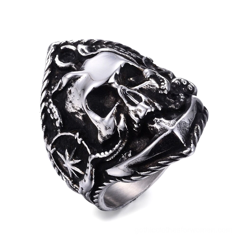 Vintage skull compass anchor ring with octopus tentacles and twisted rope detail – overhead view showcasing gothic nautical biker jewelry design
