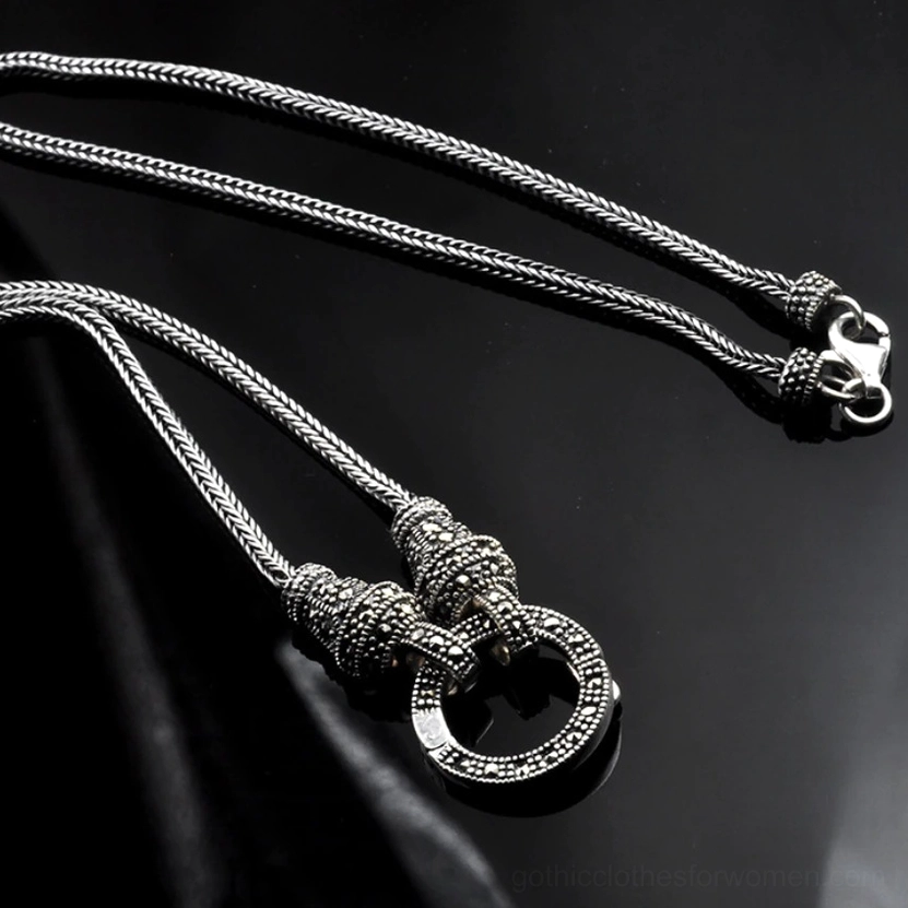 Retro S925 sterling silver gothic chain necklace on black velvet, full length flat lay with lobster claw clasp