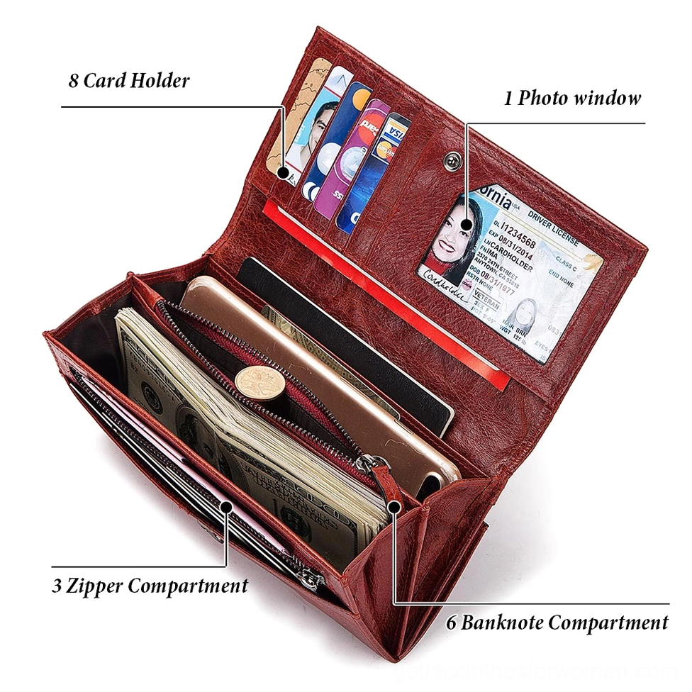 Long wallet clutch complete dimensions and size perspective - 18cm width by 9.2cm height genuine leather clutch