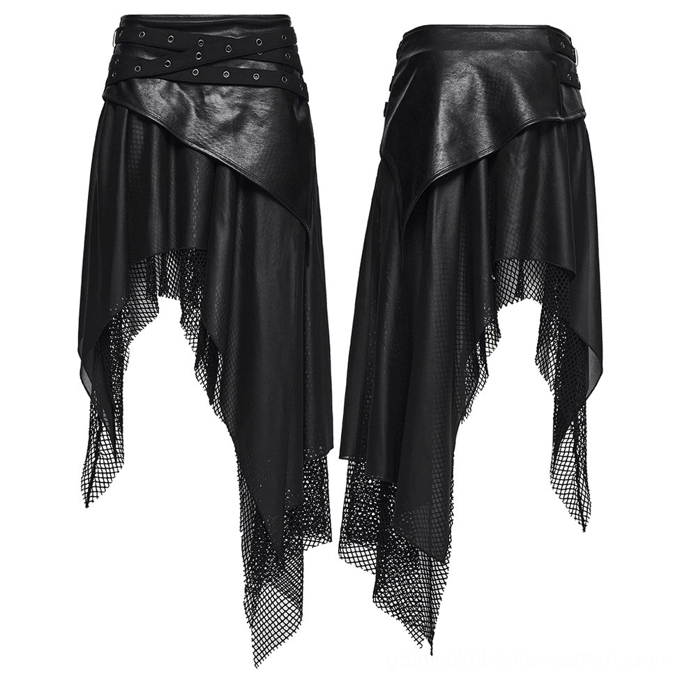 Two black asymmetrical gothic skirts flat lay showing faux leather panels and grommet waist strap detail