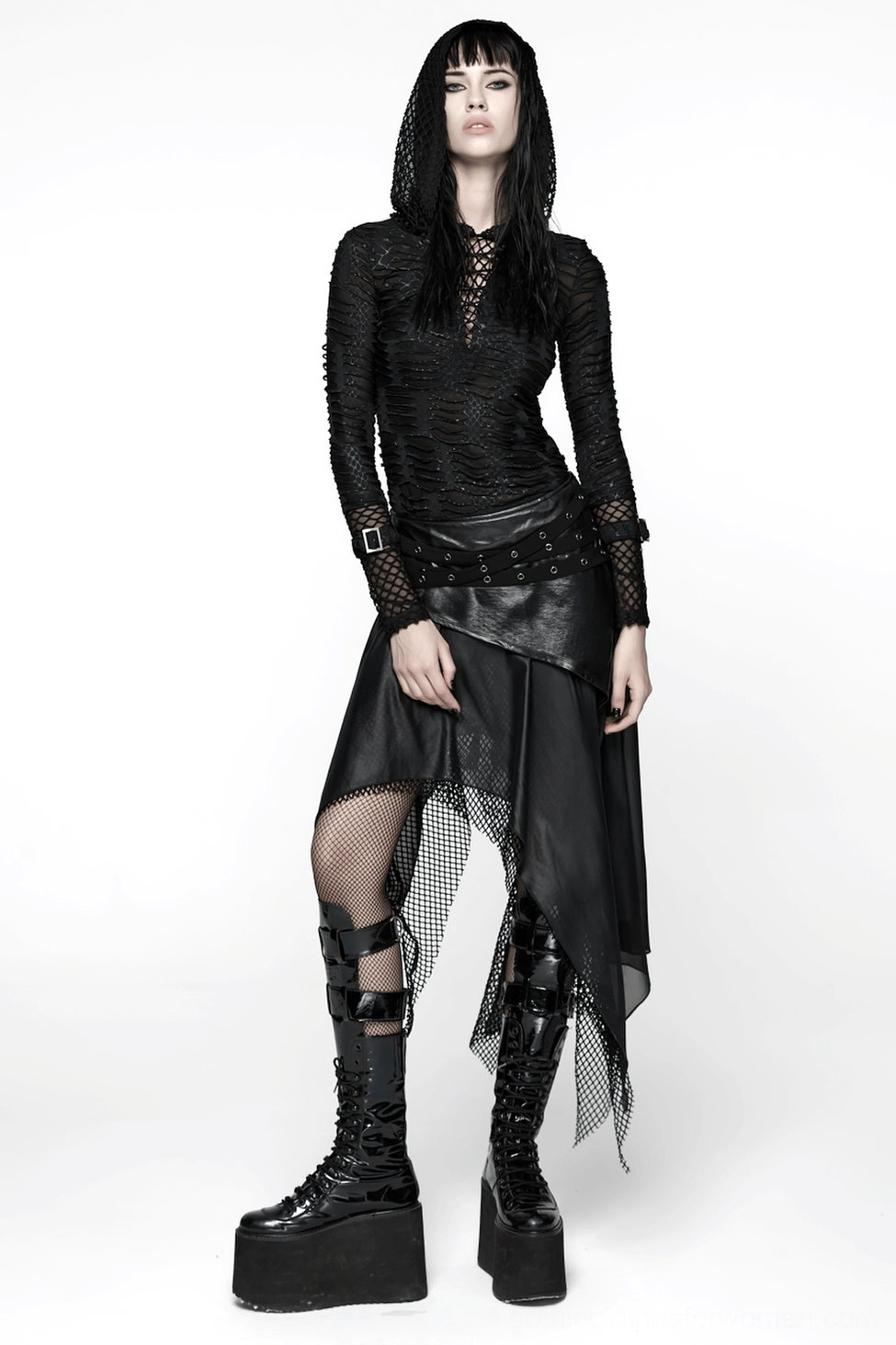 Gothic wasteland skirt texture detail showing faux leather and mesh fabric composition