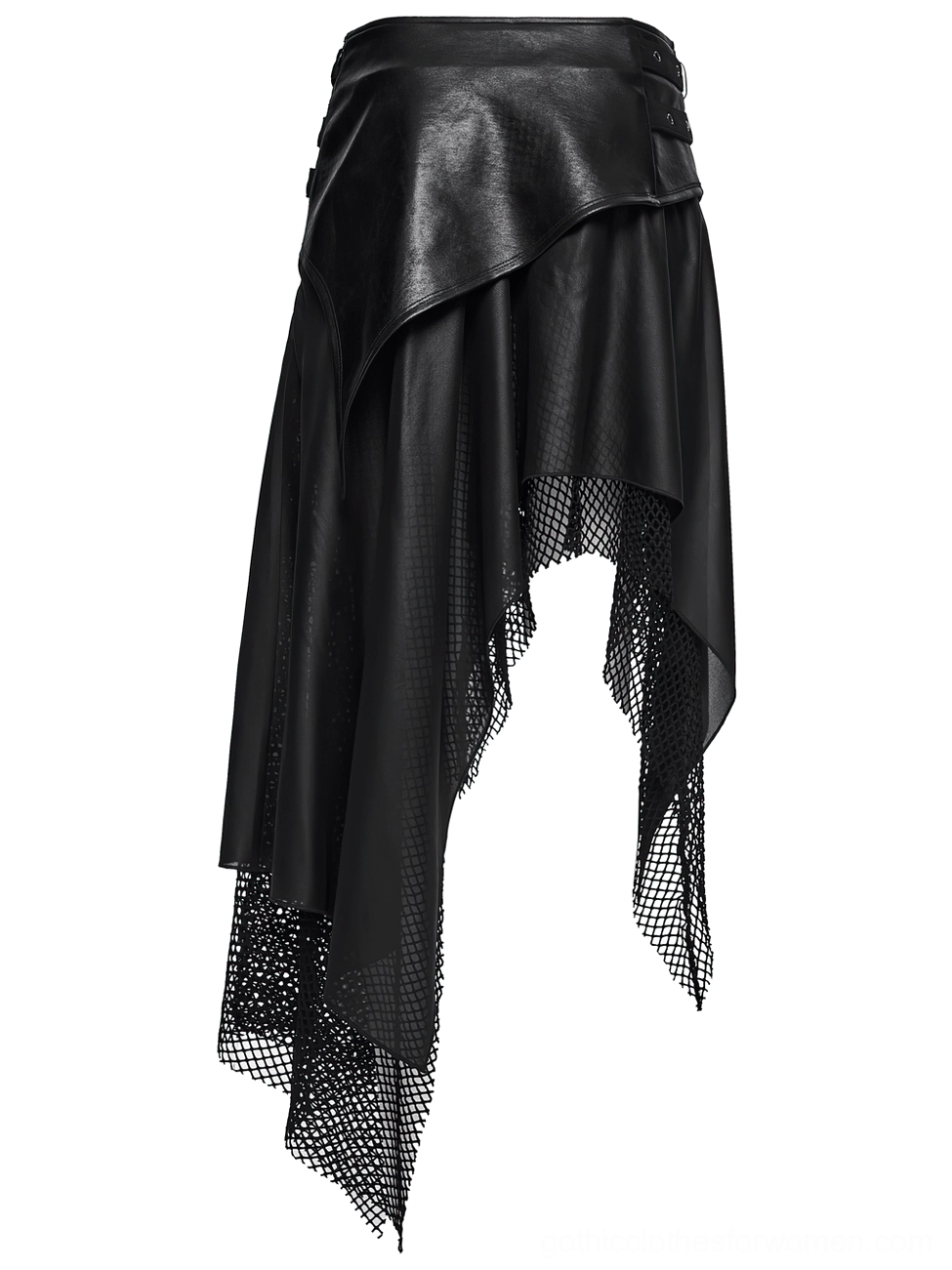 Gothic wasteland skirt side view flat lay with draped faux leather panels and asymmetrical mesh trim