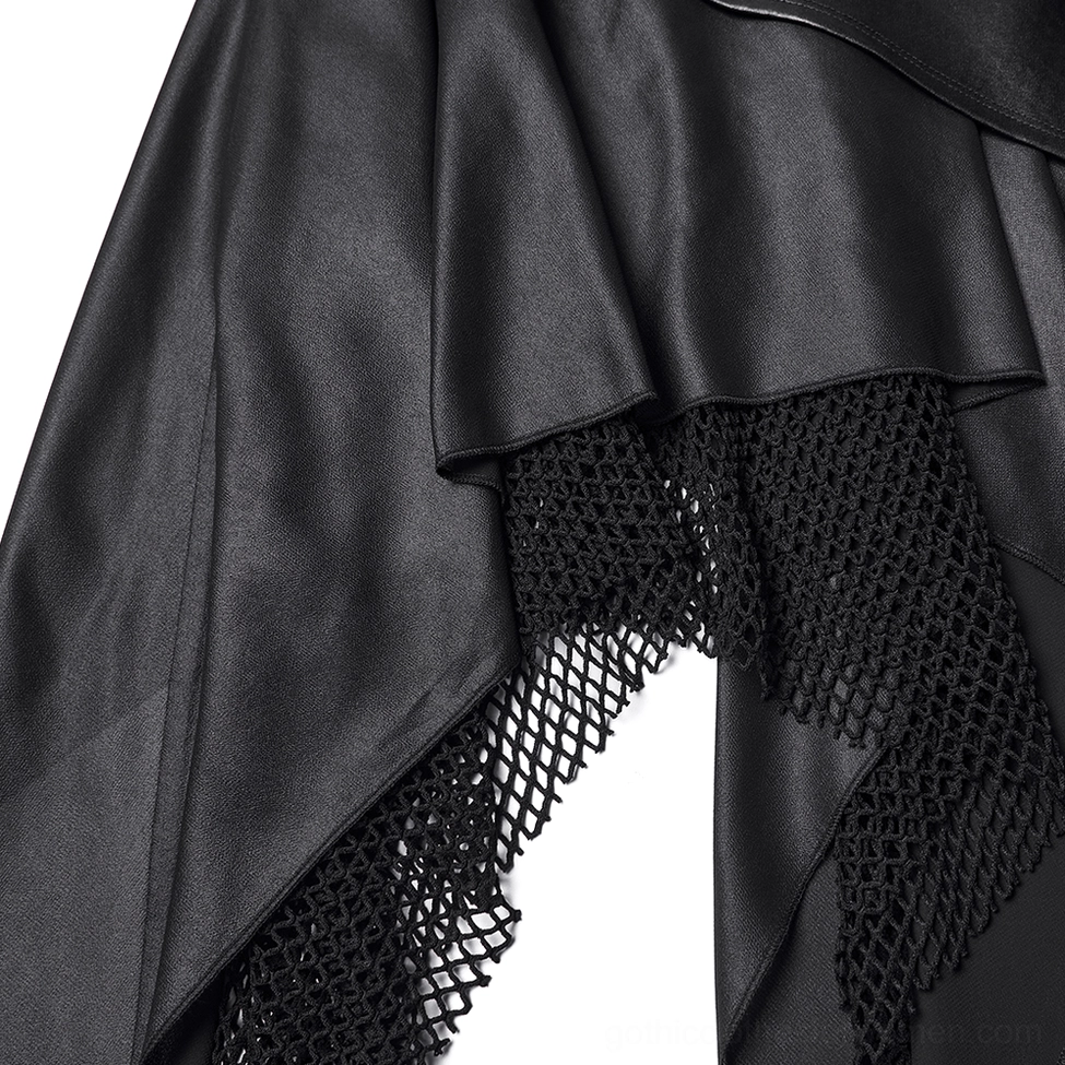 Close-up hem and panel detail of black gothic wasteland skirt showing fishnet mesh underlayer and faux leather overlay
