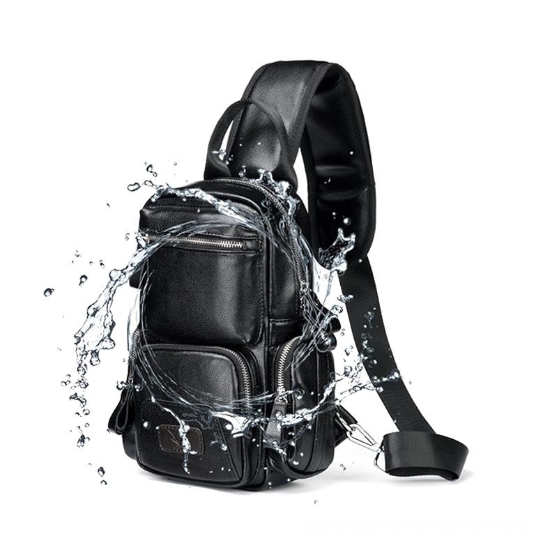 Water-resistant gothic chest bag with water splash effect demonstrating waterproof PU leather material