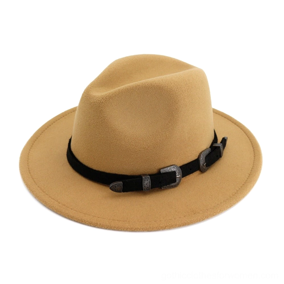Wheat beige vintage fedora with smooth felt fabric and vintage metal buckle leather strap