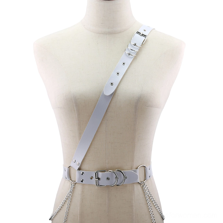 White synthetic leather chain harness with metal buckles and side hanging chains detail