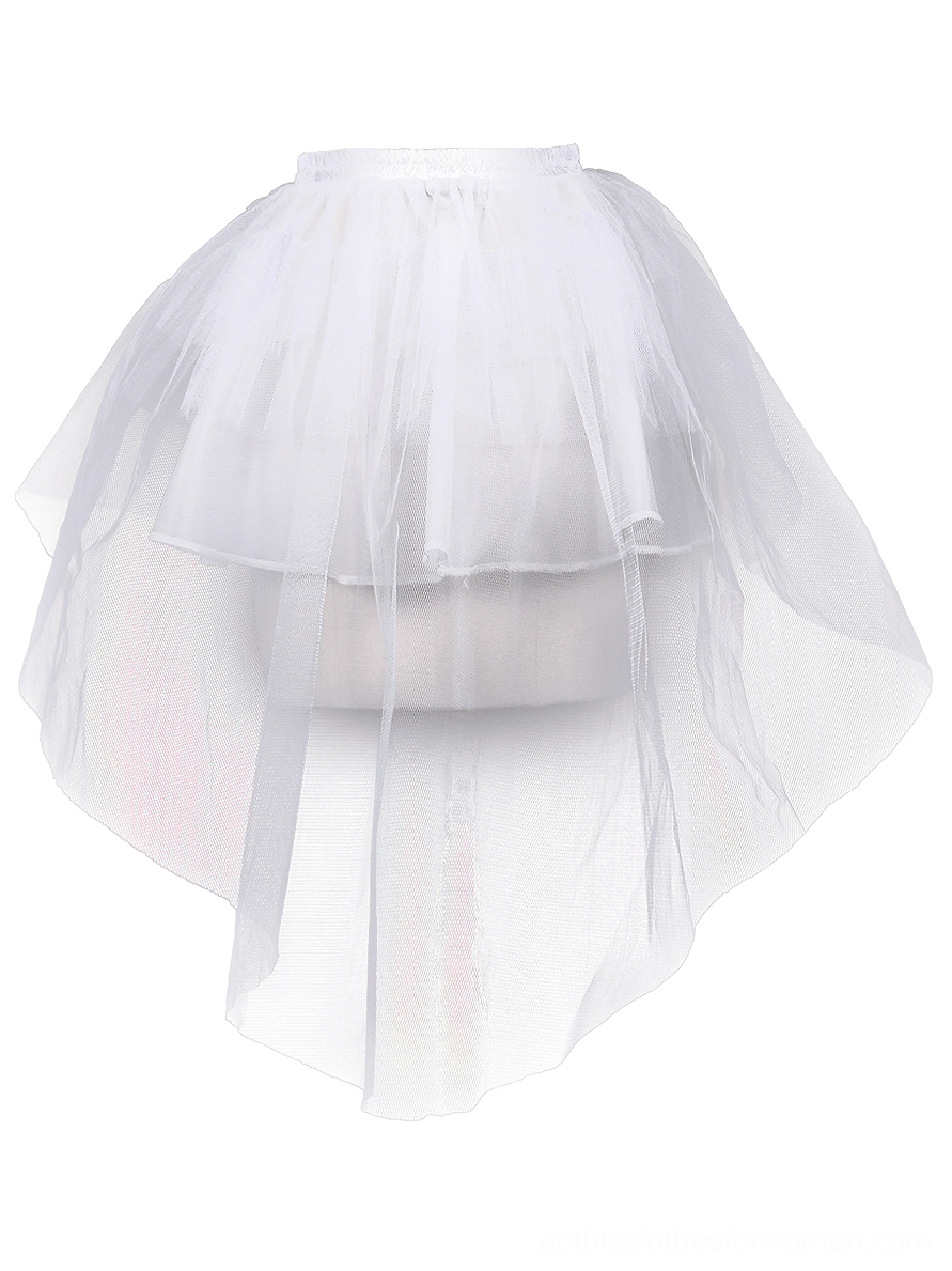 White asymmetrical layered tulle gothic mini skirt with elastic waistband, front oblique view on dress form