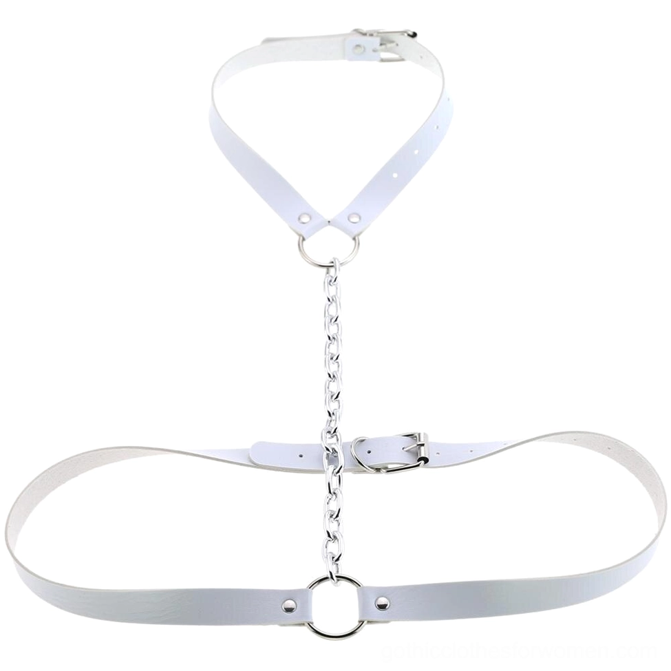 White vegan leather body harness with metal hardware and chain details, adjustable alternative fashion