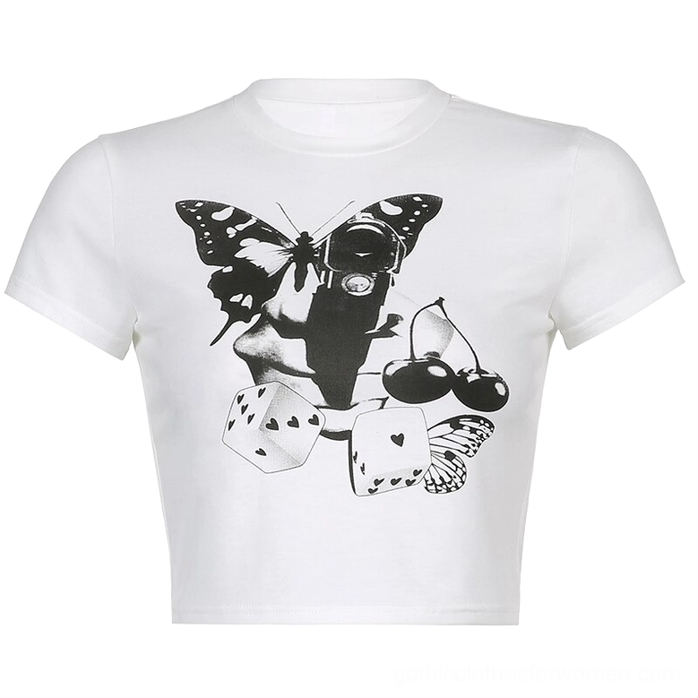 White butterfly crop top flat lay display showing black graphic print and crew neckline detail