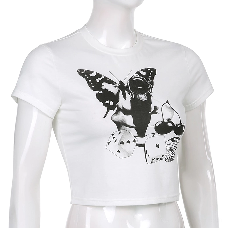 White butterfly crop top on mannequin front torso view showing fitted silhouette and short sleeve fit