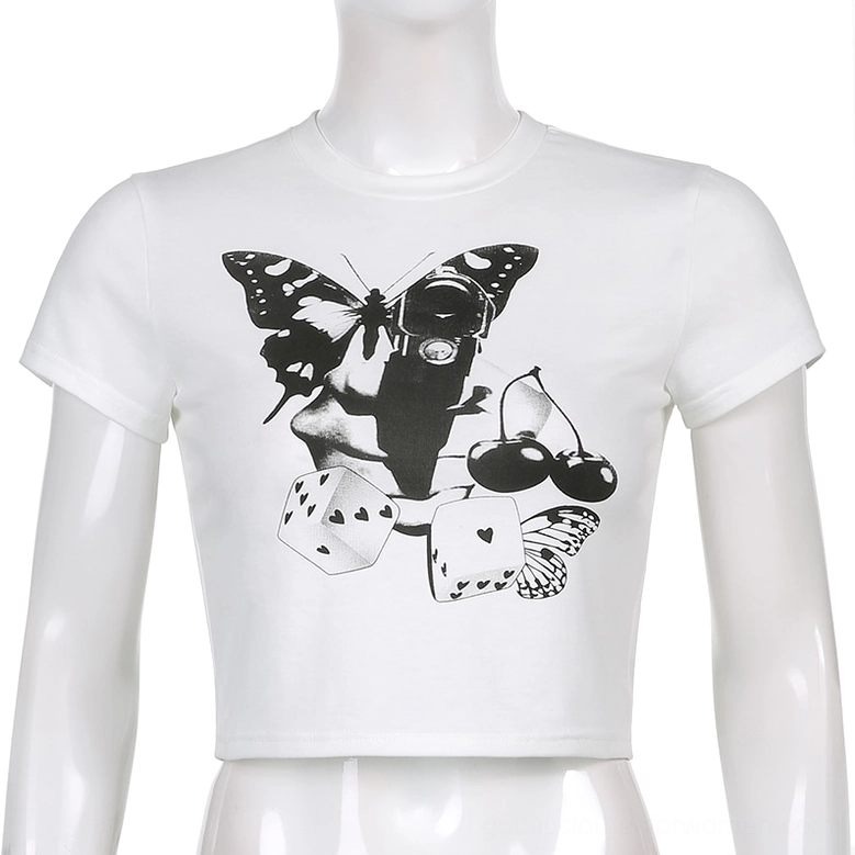 White butterfly print crop top on display form showing structured fabric and cropped length silhouette