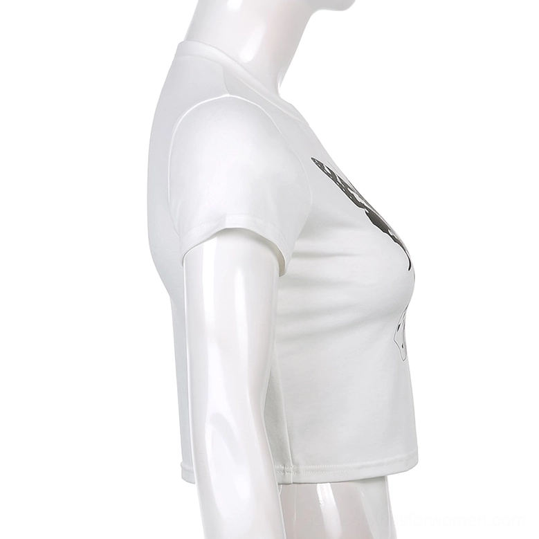 White butterfly crop top side view on mannequin showing sleeve fit body shape and partial print design
