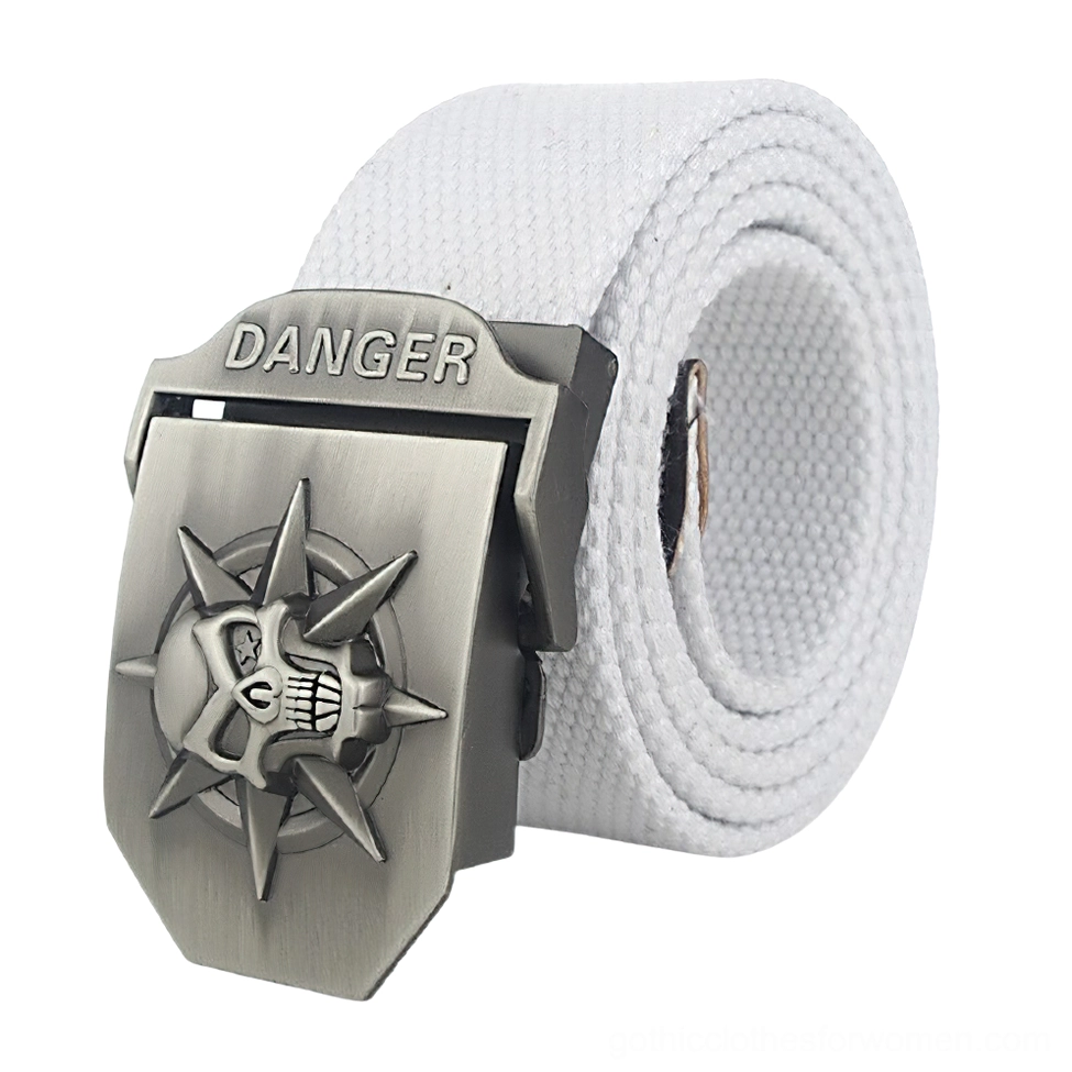White canvas gothic skull belt with danger spike metal buckle accessory