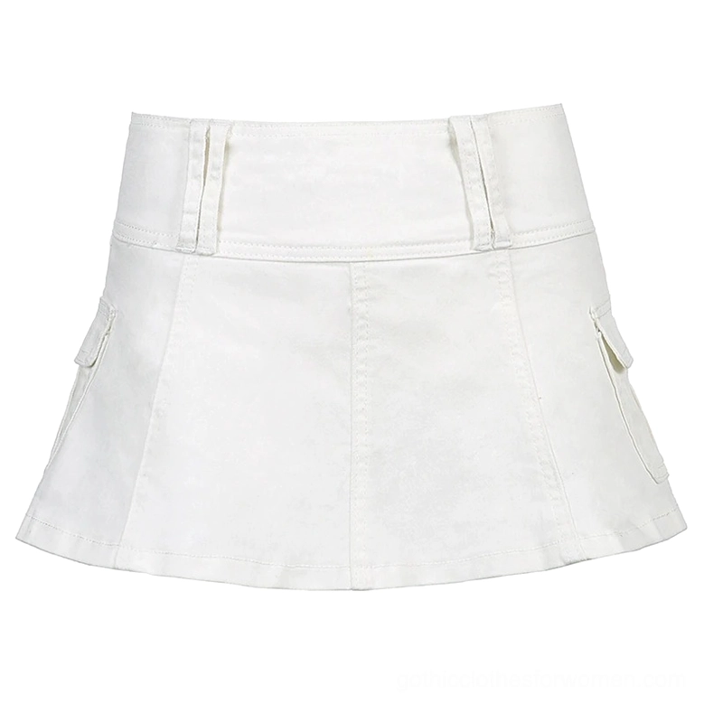 White high-waist cargo mini skirt flat lay on mannequin displaying functional cargo pockets and construction
