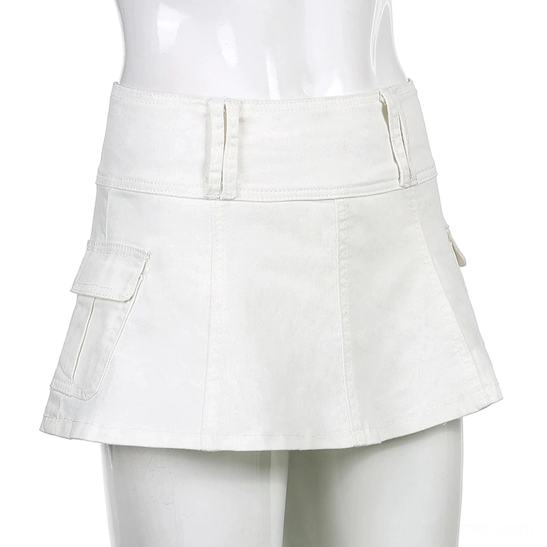 White high-waist cargo mini skirt three-quarter view on mannequin showing pocket placement and fit