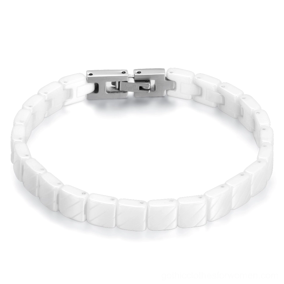 White matte ceramic link bracelet with smooth finish and silver toggle clasp, overhead view