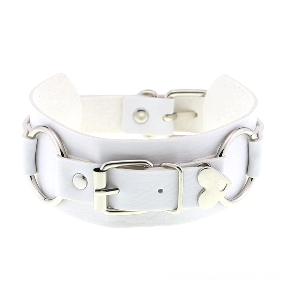 White cream leather choker with silver hardware and heart-shaped pendant, romantic gothic style