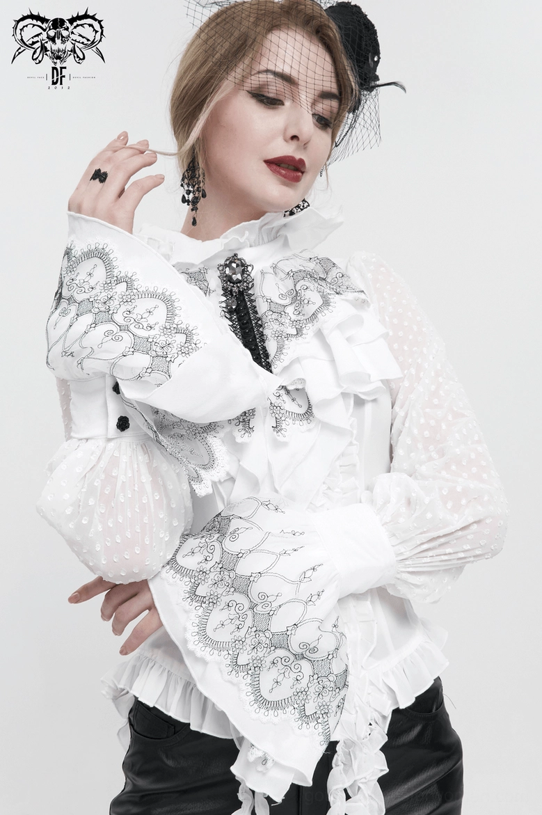 Female model wearing white Victorian flared lace gloves with fitted gothic blouse, three-quarter front close-up angle