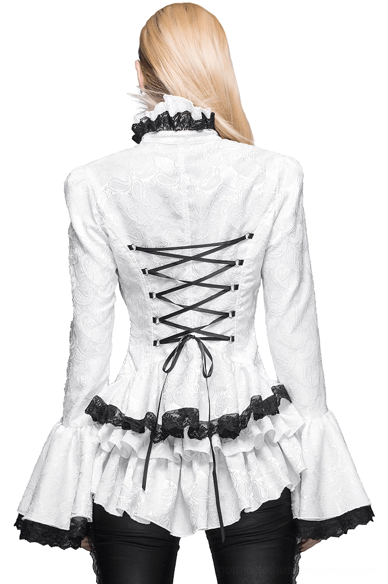 Back view of white victorian gothic blouse showing corset lace-up back design and black lace hem trim with ruffled high collar