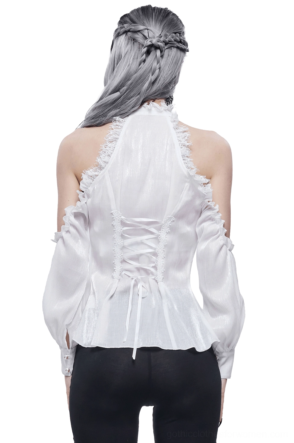 Back view of white gothic lace blouse featuring authentic corset-style lace-up ribbon detail, worn by model with braided grey hair against white studio background