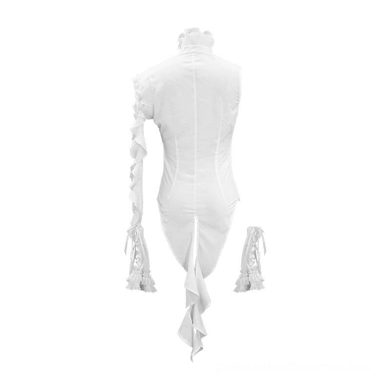 Back view of white gothic blouse on mannequin showing slim tailored fit and tailed hemline construction