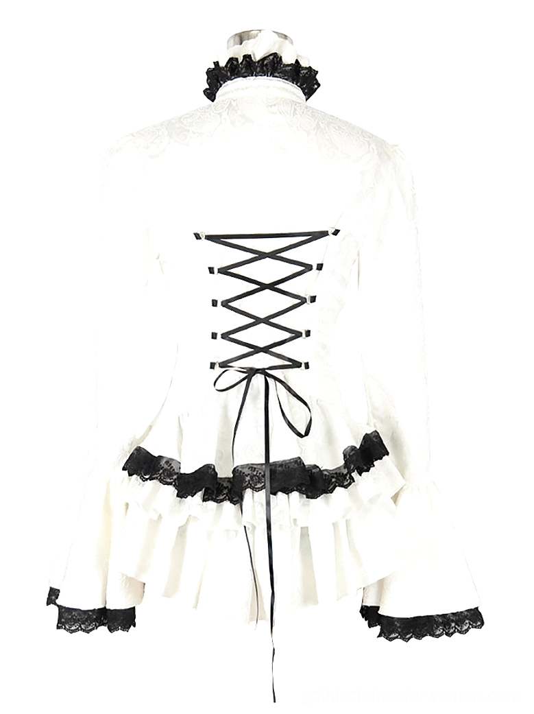 Rear view of white gothic blouse on form showing ruffled high collar and corset lace-up back with black lace hem details