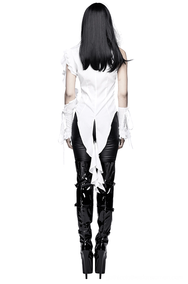 Back view of white gothic sleeveless blouse with wavy ruffles and extended tailed hemline, showing matching ruffled edge details