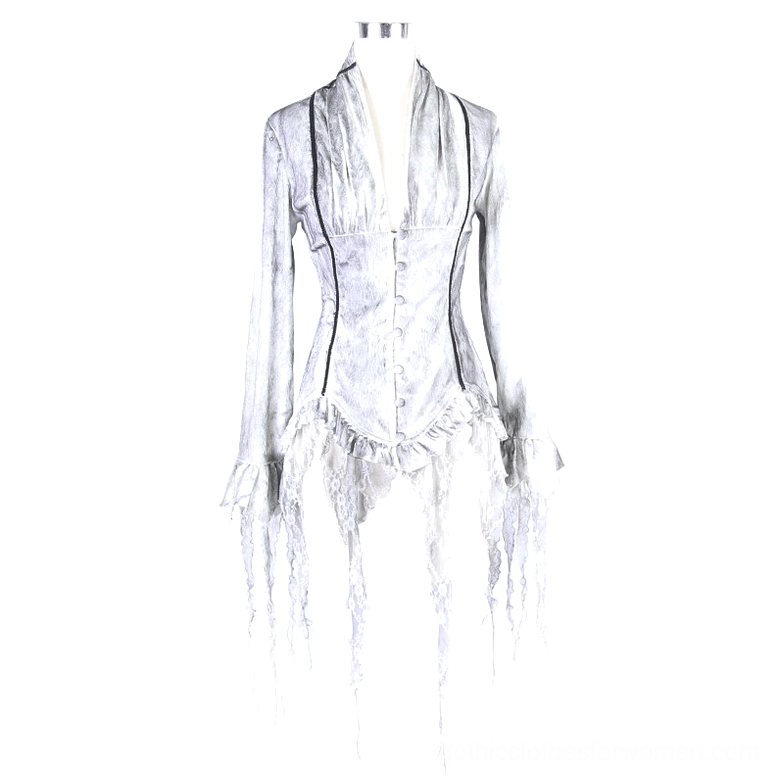 White gothic chiffon blouse full front view on dress form with black piping trim and distressed hem