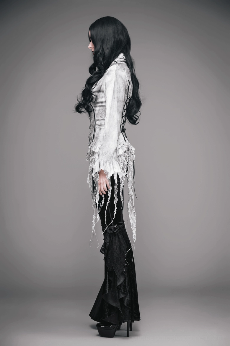 White gothic chiffon blouse back detail view of lace-up corset construction and fabric drape